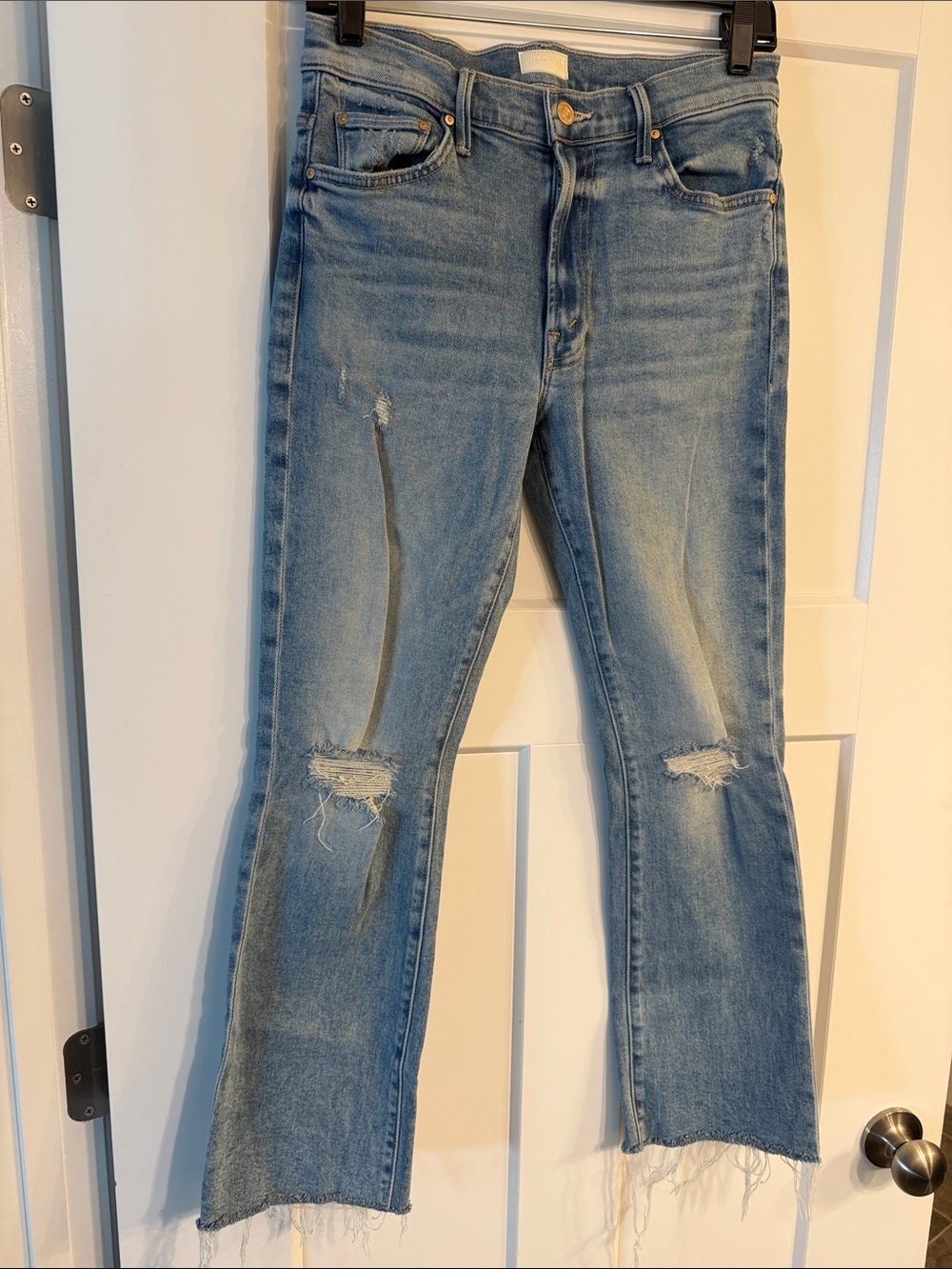 MOTHER Light Blue Distressed Straight Jeans